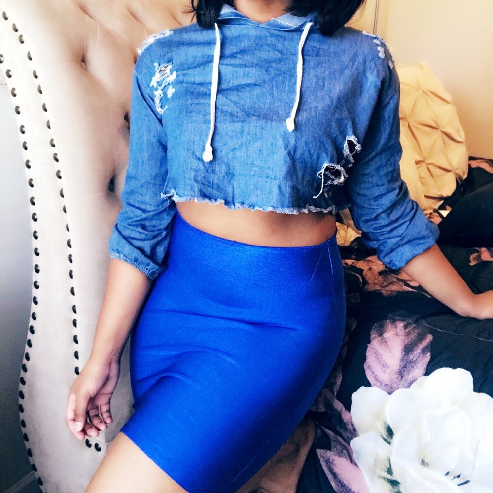 Fashion Nova Jean shirt | Thrifted spandex skirt